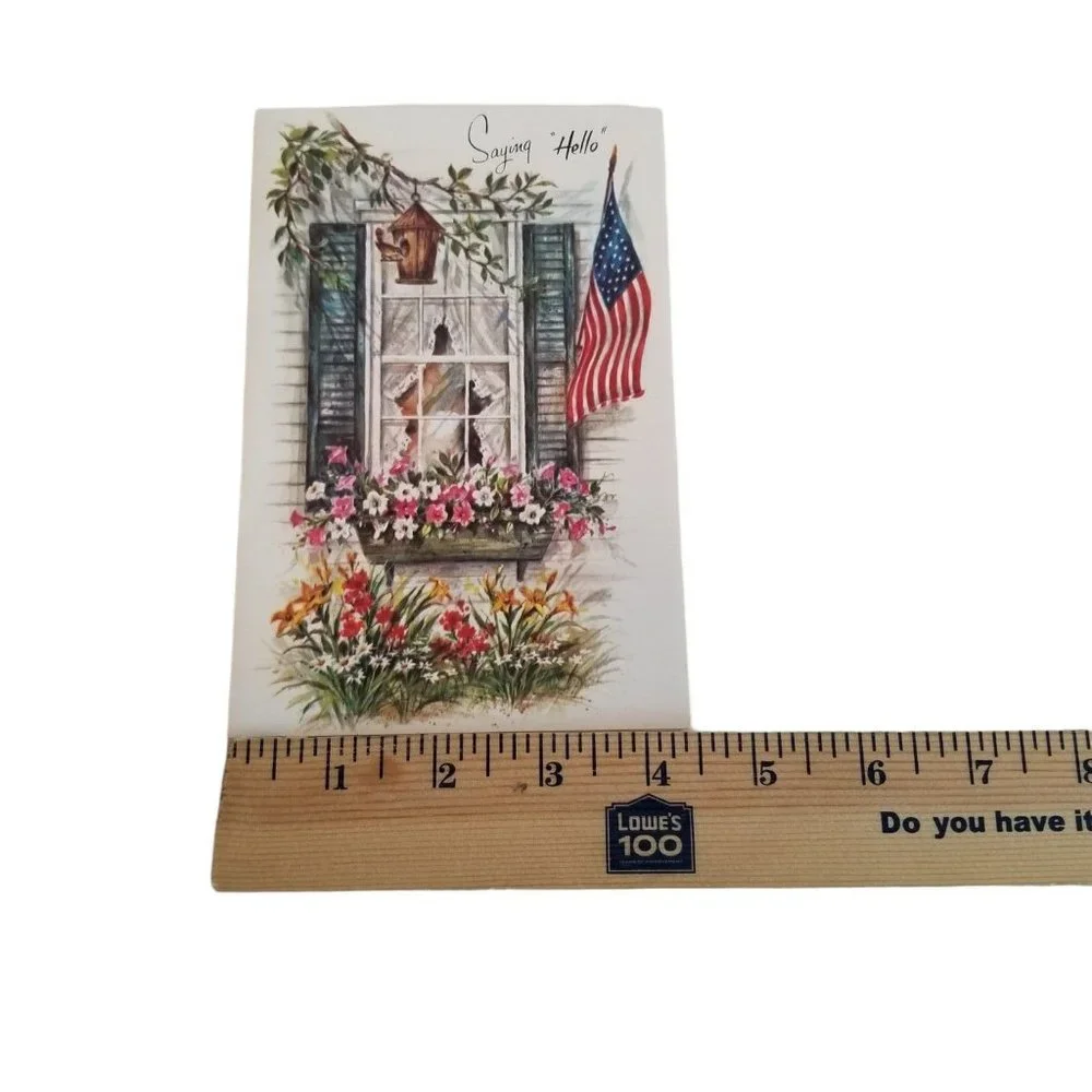Vintage Greeting Card Friendship Hello Window Box American Flag Birdhouse Unused